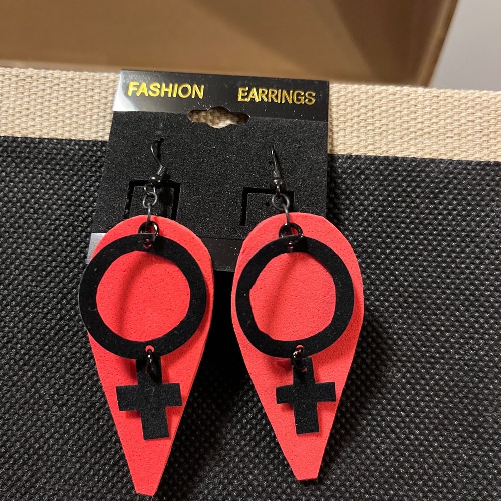 Hand Crafted Red Teardrop Earrings with Black Venus Symbol